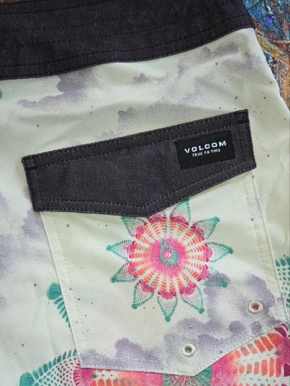 Volcom White Board Shorts with Pink & Teal Floral Mandala Print